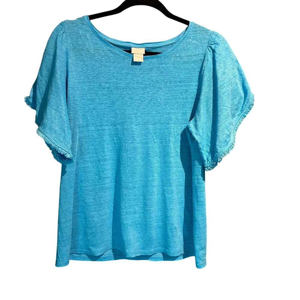 Chico's Size 1 Medium Linen turquoise top fringe sleeves Natural Boho Coastal